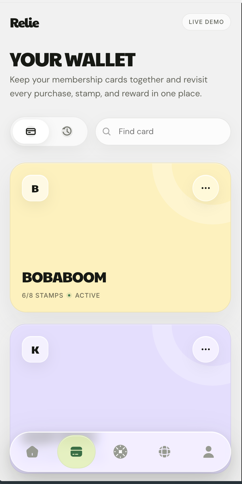 Relie customer wallet with membership cards saved in one place