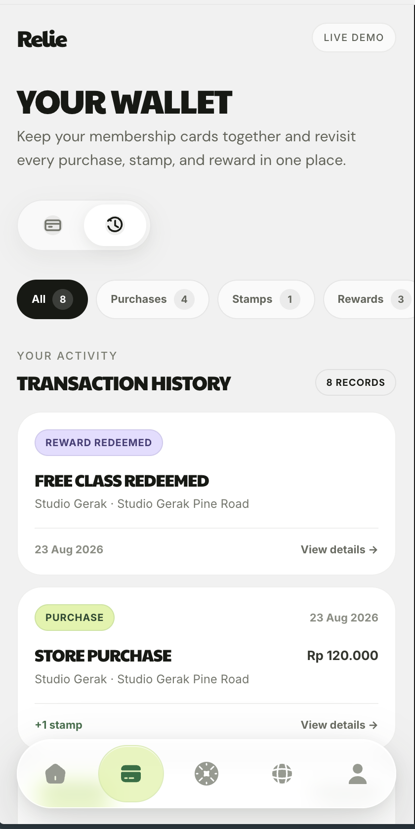 Relie activity history showing purchases, stamps, and redeemed rewards