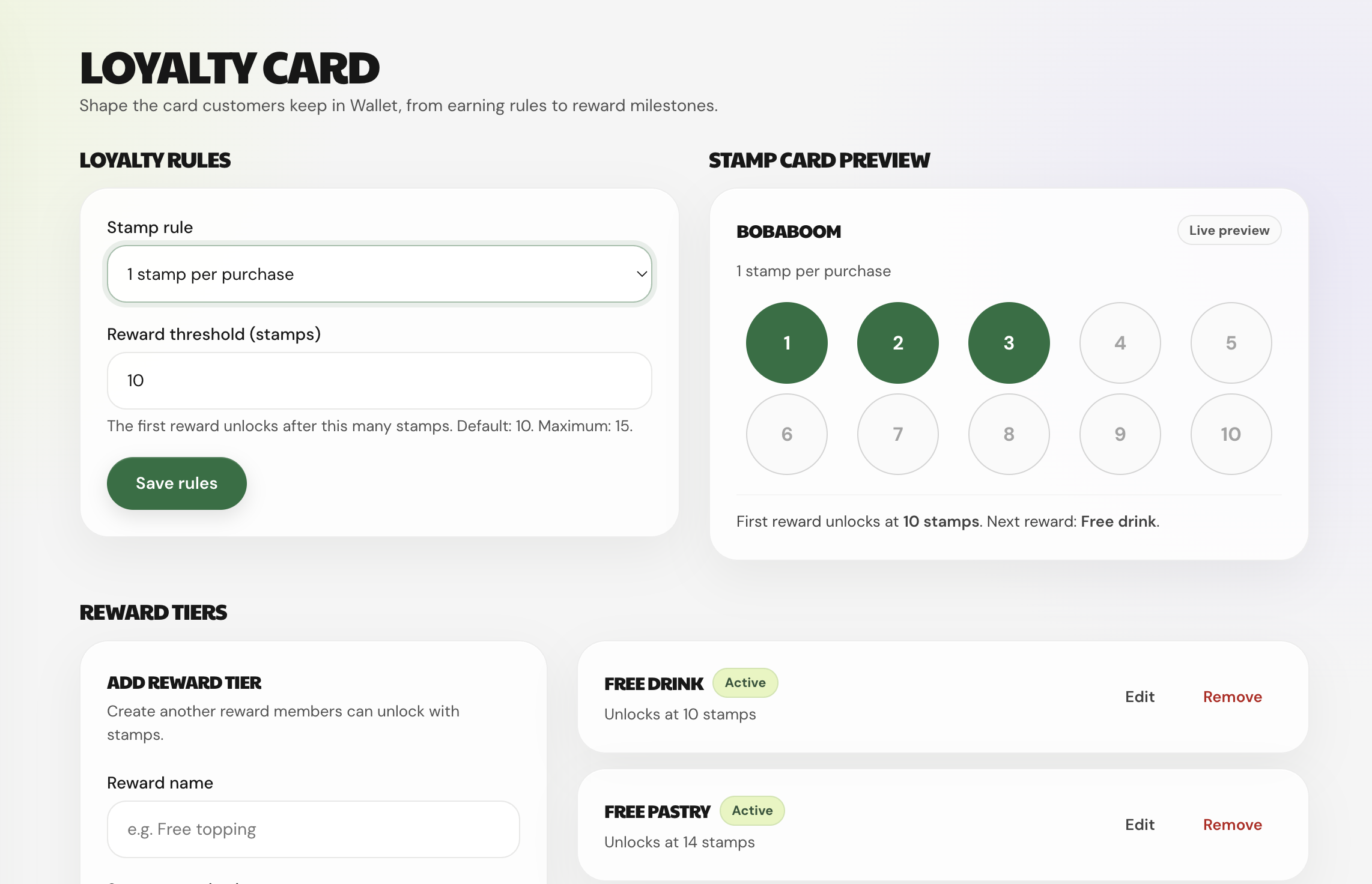 Relie loyalty rules and stamp card preview