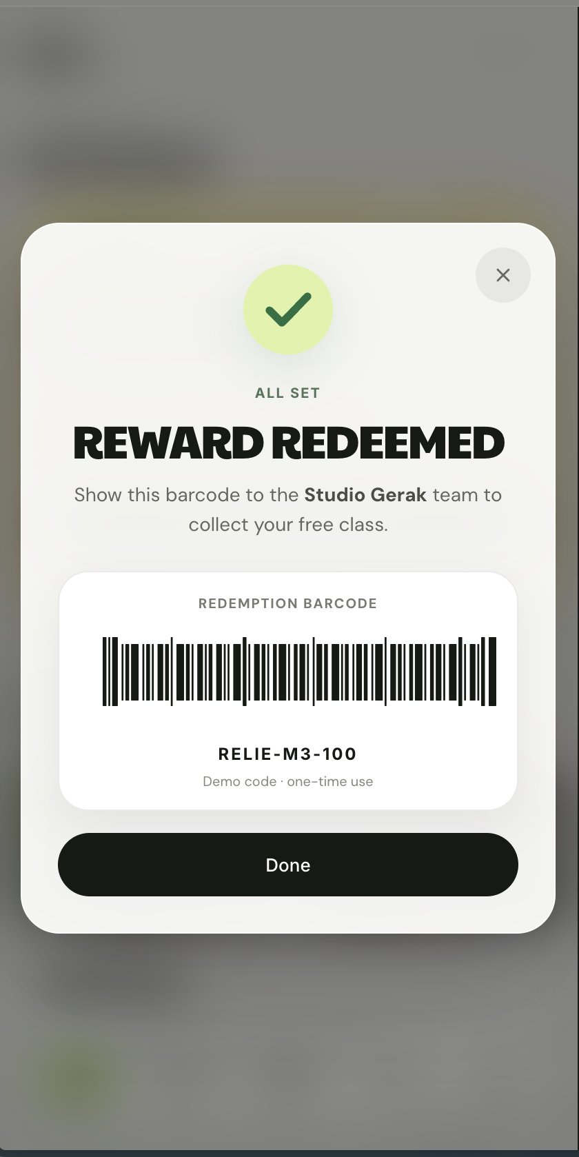 A redeemed Relie reward with its redemption barcode