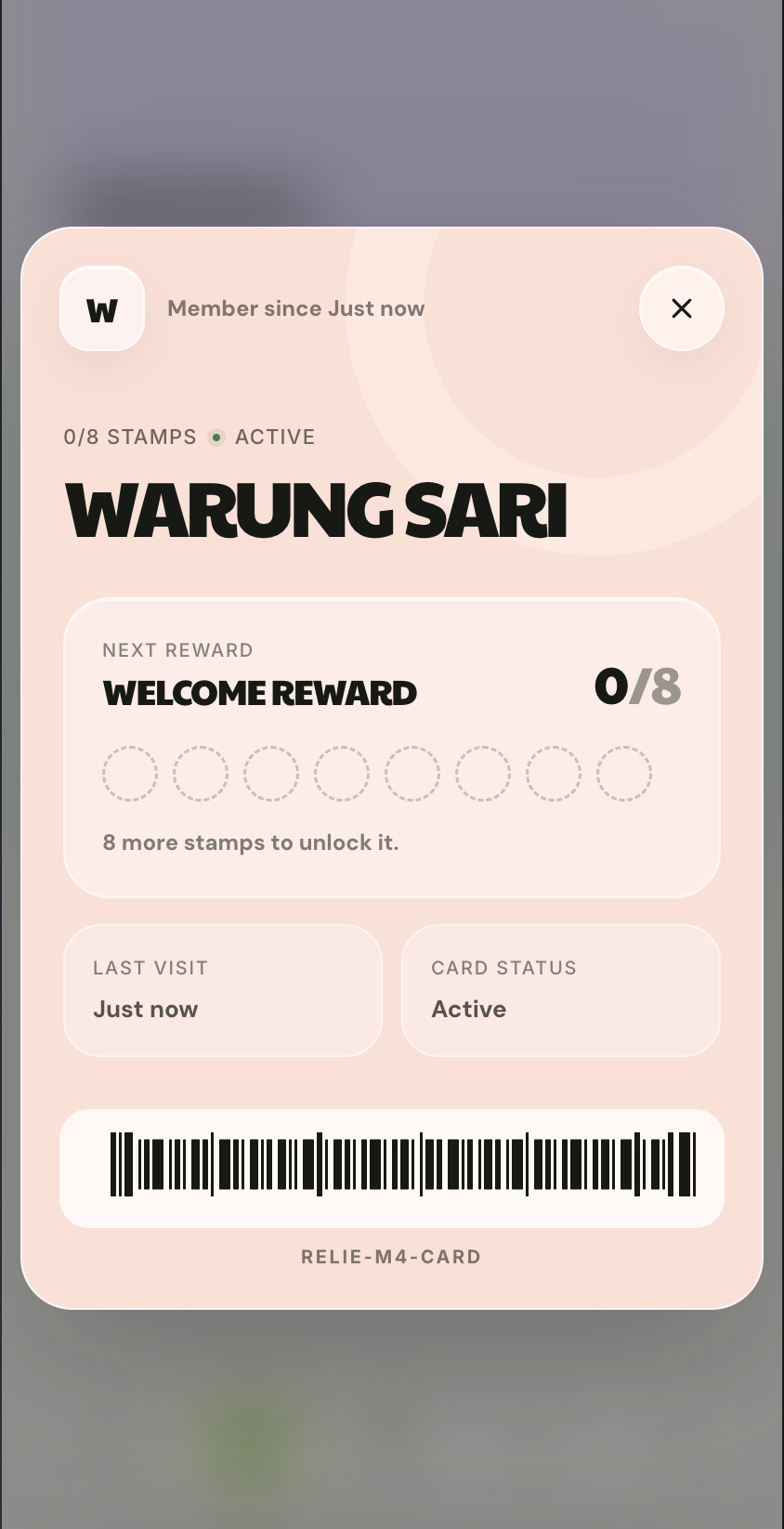A Relie membership card showing reward progress