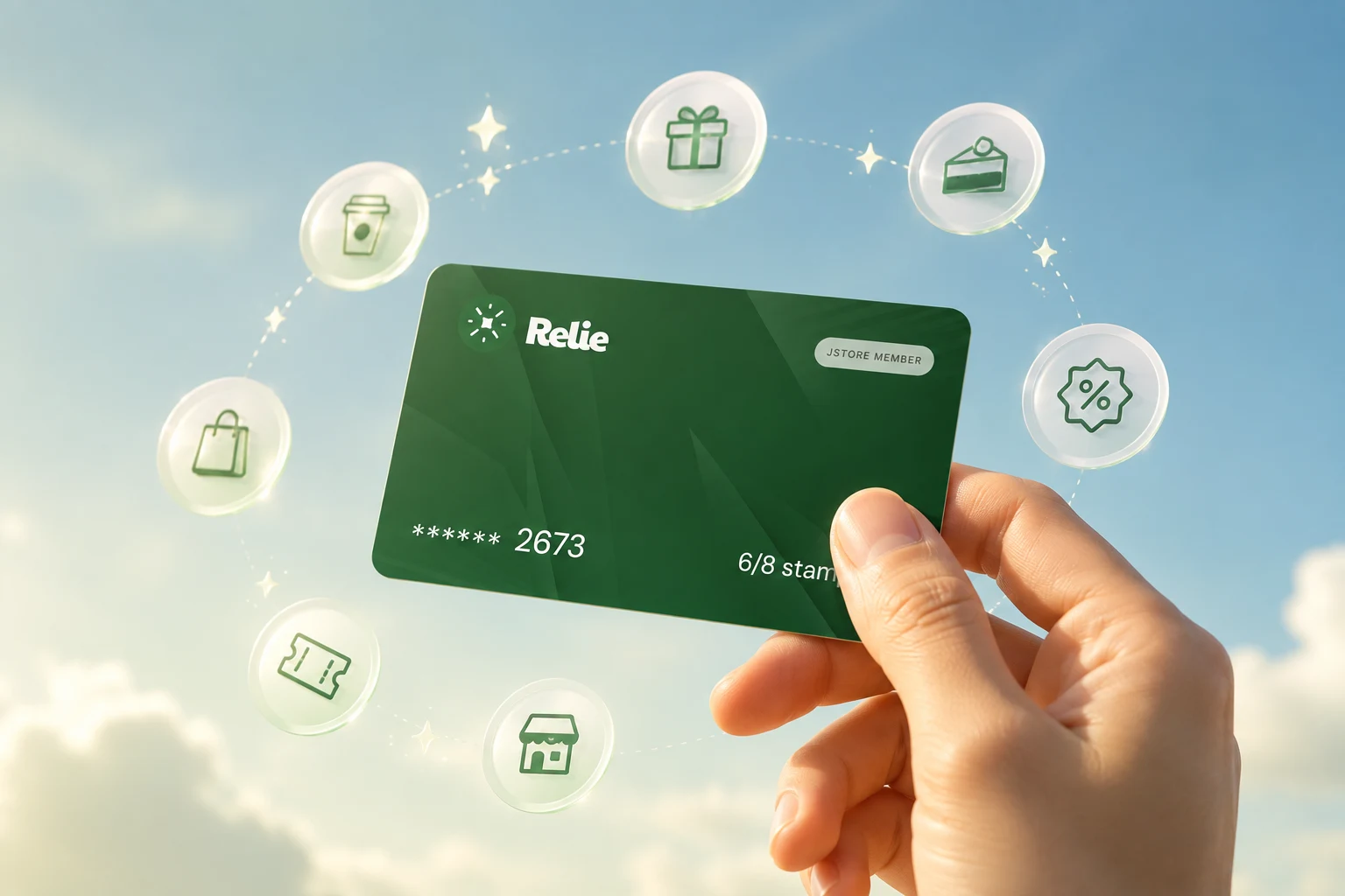 A customer holding a Relie loyalty card surrounded by rewards